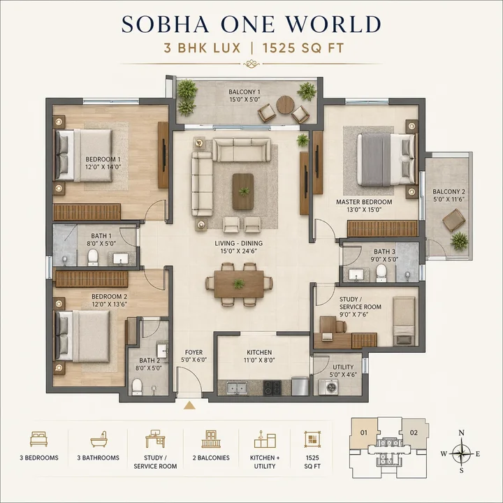 3 BHK Lux 1525 sq. ft. floor plan