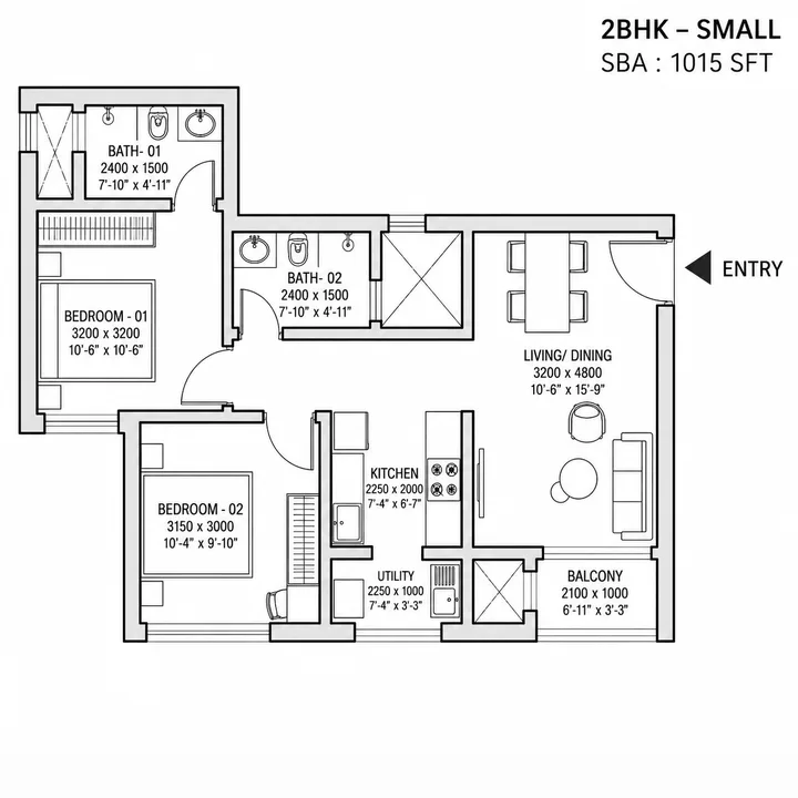 2 BHK small 1063 sq.ft. floor plan